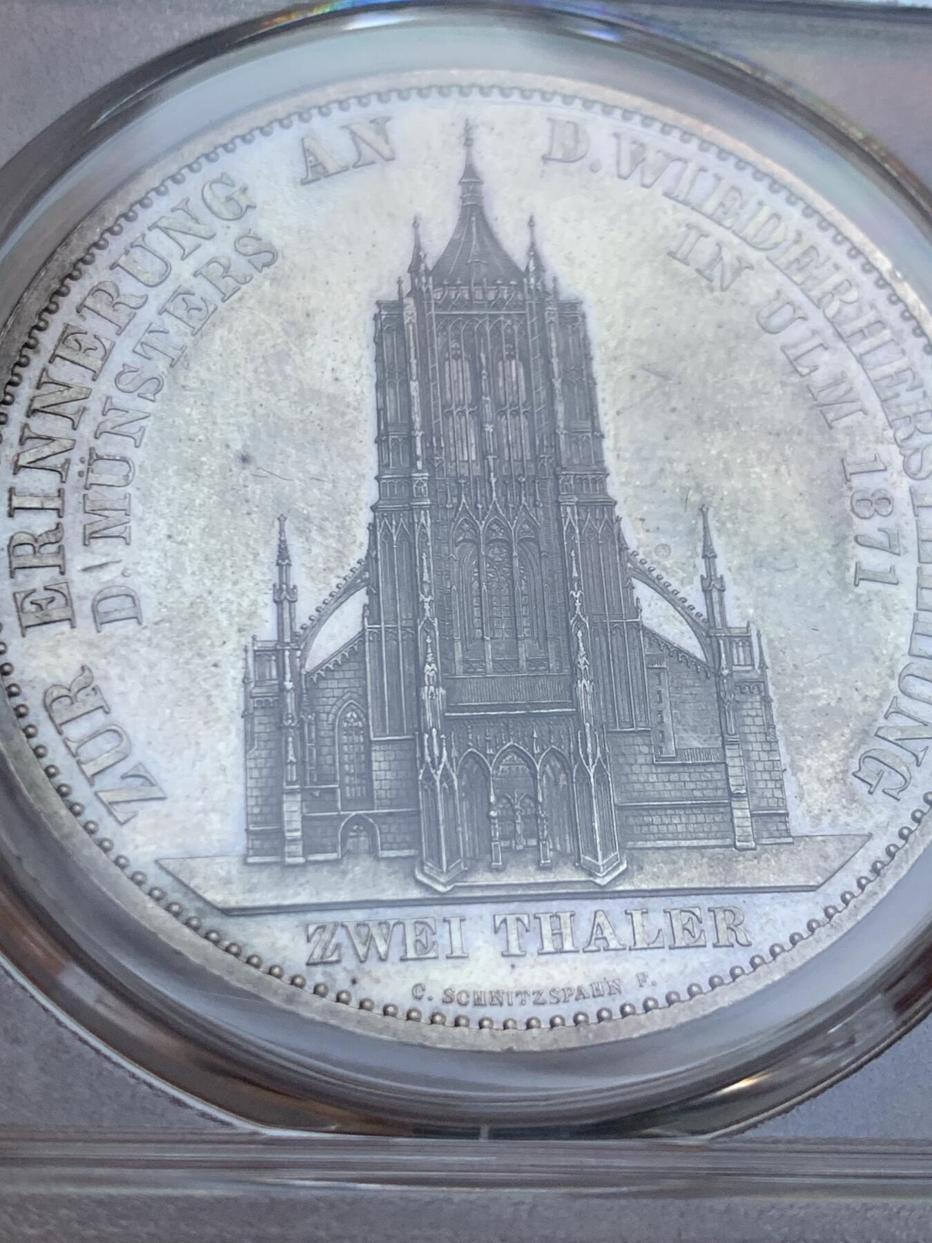 《竞宝斋》第438场 周日，周一，周二 3场连拍 （全场包邮） PCGS MS62PL 德国 1871乌尔姆大教堂2泰勒银币 热门品种 整体状态都不错