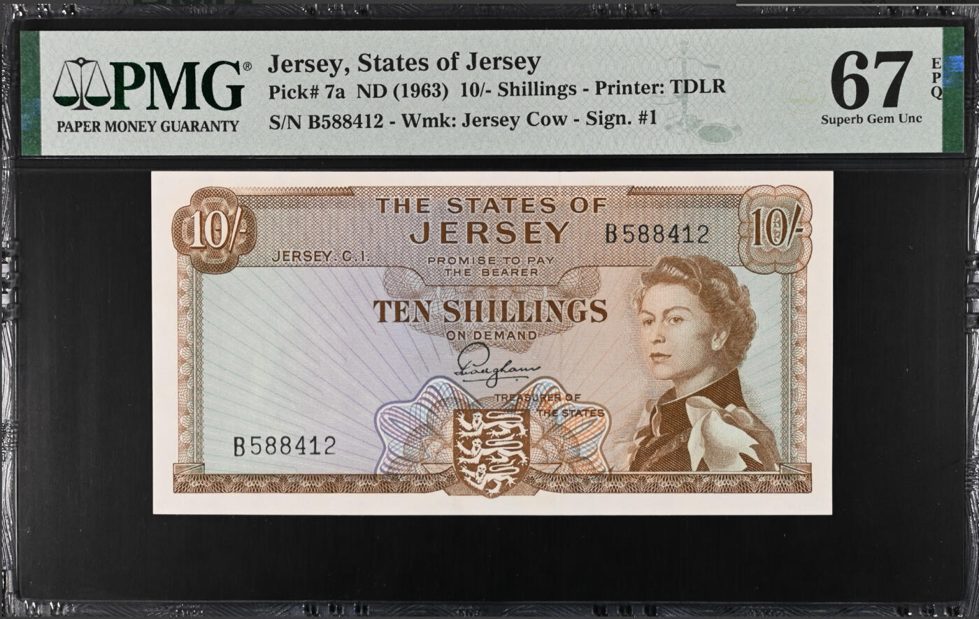 【礼羽收藏】🌏世界钱币拍卖第112期 【戎装女王】泽西1963年10先令 PMG67