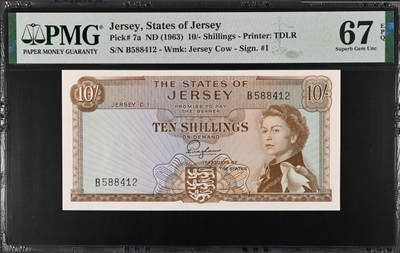 【礼羽收藏】🌏世界钱币拍卖第112期 - 【戎装女王】泽西1963年10先令 PMG67