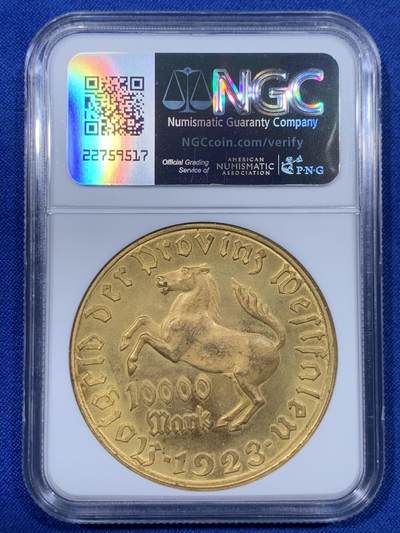 《竞宝斋》第438场 周日，周一，周二 3场连拍 （全场包邮） NGC MS64 德国1923年德紧威斯特法伦马币10000马克镀金铜币