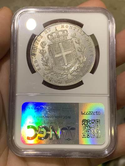 《竞宝斋》第438场 周日，周一，周二 3场连拍 （全场包邮） NGC MS61 意大利撒丁 1849年 卡洛·阿尔贝托 5里拉银币 稀有品种 意邦核心 FDC状态近两年参考落锤价格2500美元以上