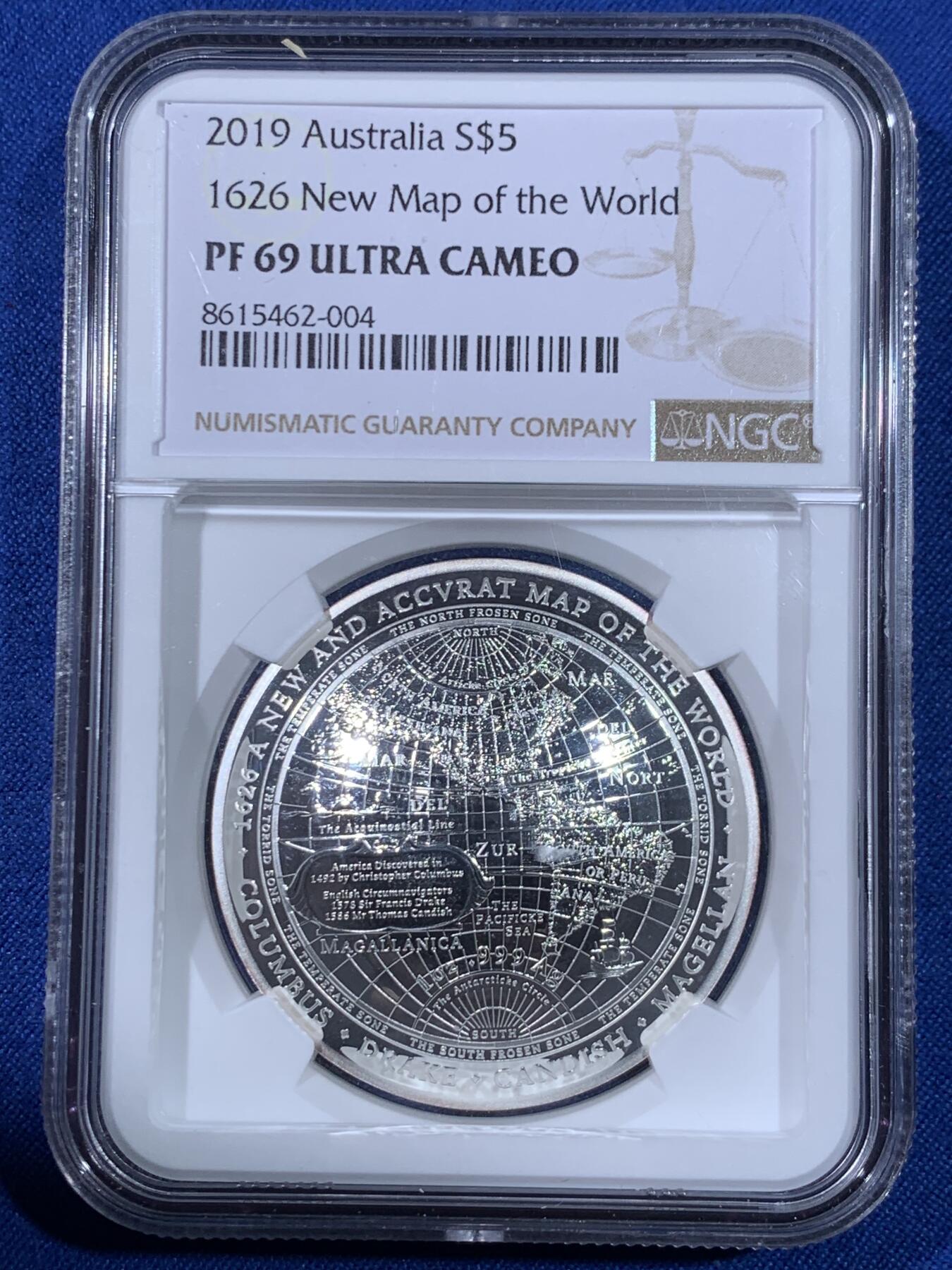 《竞宝斋》第438场 周日，周一，周二 3场连拍 （全场包邮） NGC PF69UC 澳大利亚2019年发行的1626新世界地图-西半球弧形5澳元纪念银币（重1盎司，币径39.62MM，发行量5000枚，盒证齐全）
