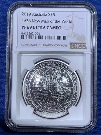《竞宝斋》第438场 周日，周一，周二 3场连拍 （全场包邮） NGC PF69UC 澳大利亚2019年发行的1626新世界地图-西半球弧形5澳元纪念银币（重1盎司，币径39.62MM，发行量5000枚，盒证齐全）