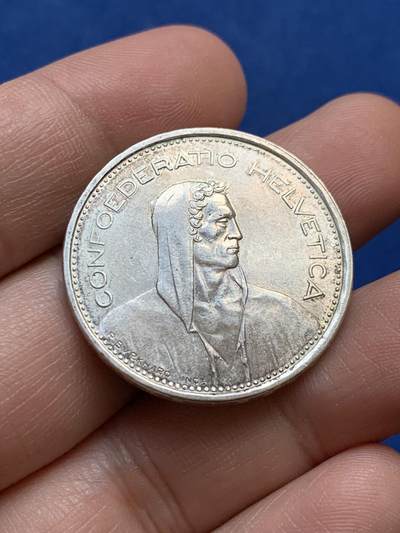 《竞宝斋》第438场 周日，周一，周二 3场连拍 （全场包邮） - 瑞士1967年威廉退尔5法郎银币