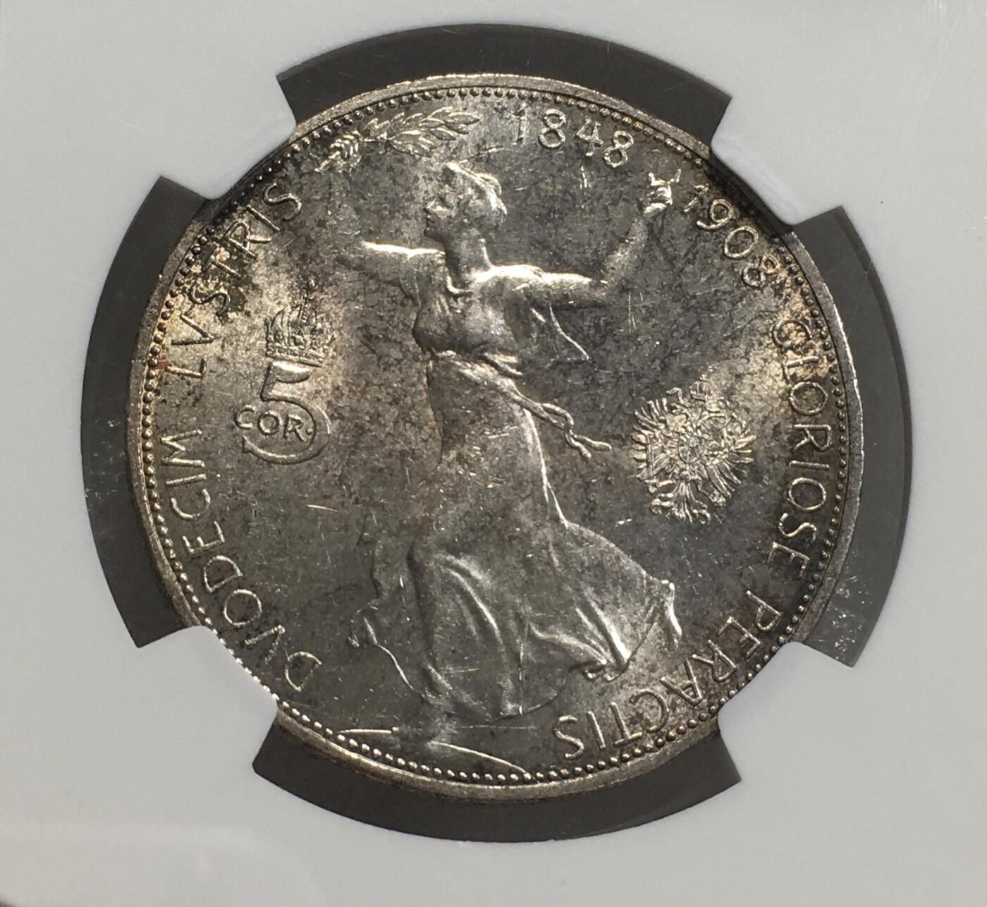 世界钱币专场拍卖 每周二开拍 NGCMS62奥地利1908年弗朗茨约瑟夫登基60周年5克朗银币