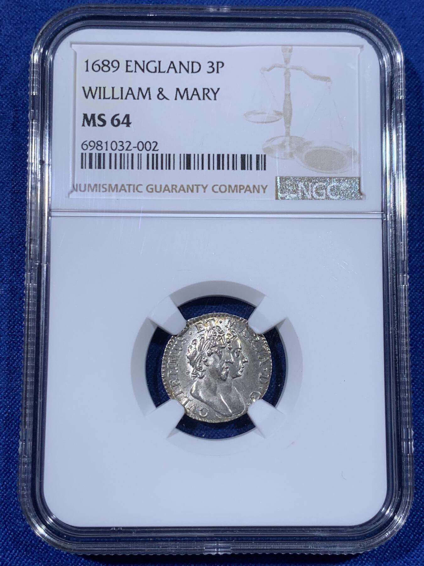 《竞宝斋》第438场 周日，周一，周二 3场连拍 （全场包邮） NGC MS64 英格兰1689年威廉&玛丽3便士 唯一冠军分！ MS以上仅2枚，63分1枚，64分1枚。