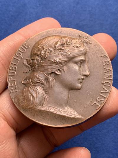 《竞宝斋》第438场 周日，周一，周二 3场连拍 （全场包邮） 法国自然生态环境保护纪念章 正面为经典的玛丽安娜头像 1971 丰饶角铜标边铭 77克 50mm