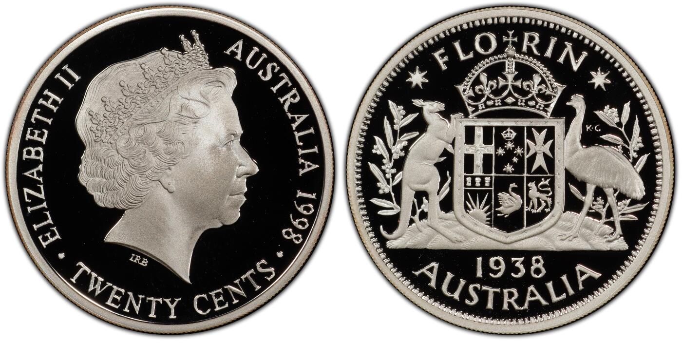 PThappally收藏第54次拍卖，英联邦地区硬币纸币 澳大利亚 1998 20分   13.36g 银币 PCGS PR69DCAM