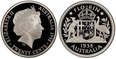 PThappally收藏第54次拍卖，英联邦地区硬币纸币 - 澳大利亚 1998 20分   13.36g 银币 PCGS PR69DCAM