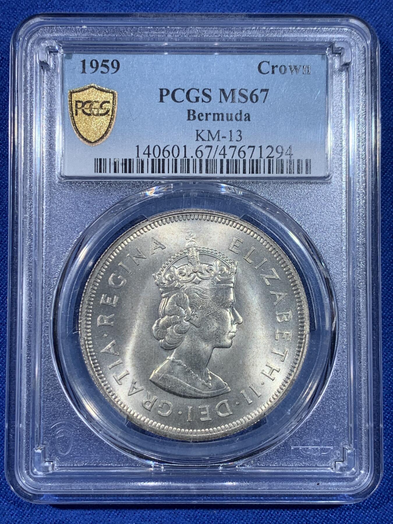 《竞宝斋》第438场 周日，周一，周二 3场连拍 （全场包邮） PCGS MS67 英属百慕大1959年伊丽莎白二世1克朗大银币，高分好品。