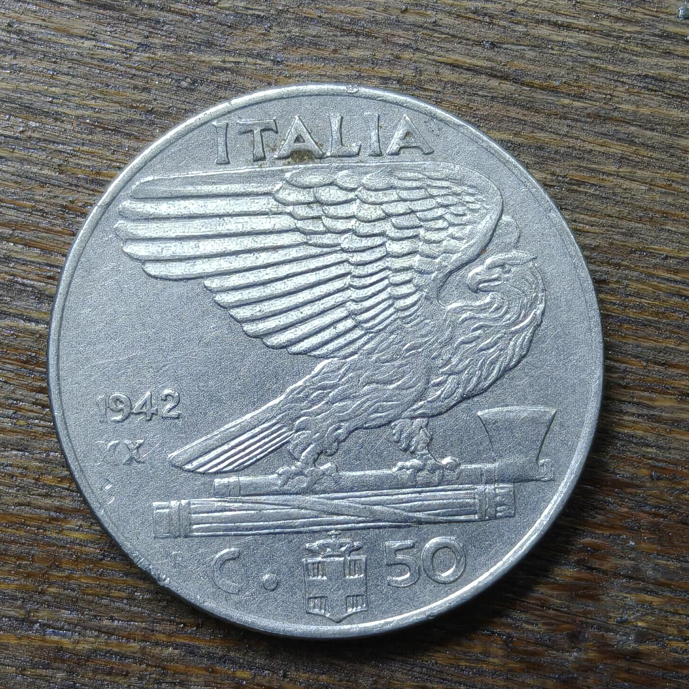 【铜匠收藏】★第132场★散币场，无佣金，30包邮。不满30元，支付5元运费。《接受代拍 代送NGC评级》 意大利 1942年 50分