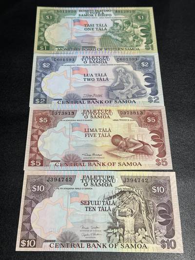 《外钞收藏家》第五百八十五期（精品场）（本平台长期征集拍品、欢迎藏友们联系合作） - 西萨摩亚老版本1/2/5/10塔拉4张小套（1塔拉较少）	UNC 2面额有一个可忽略潮点