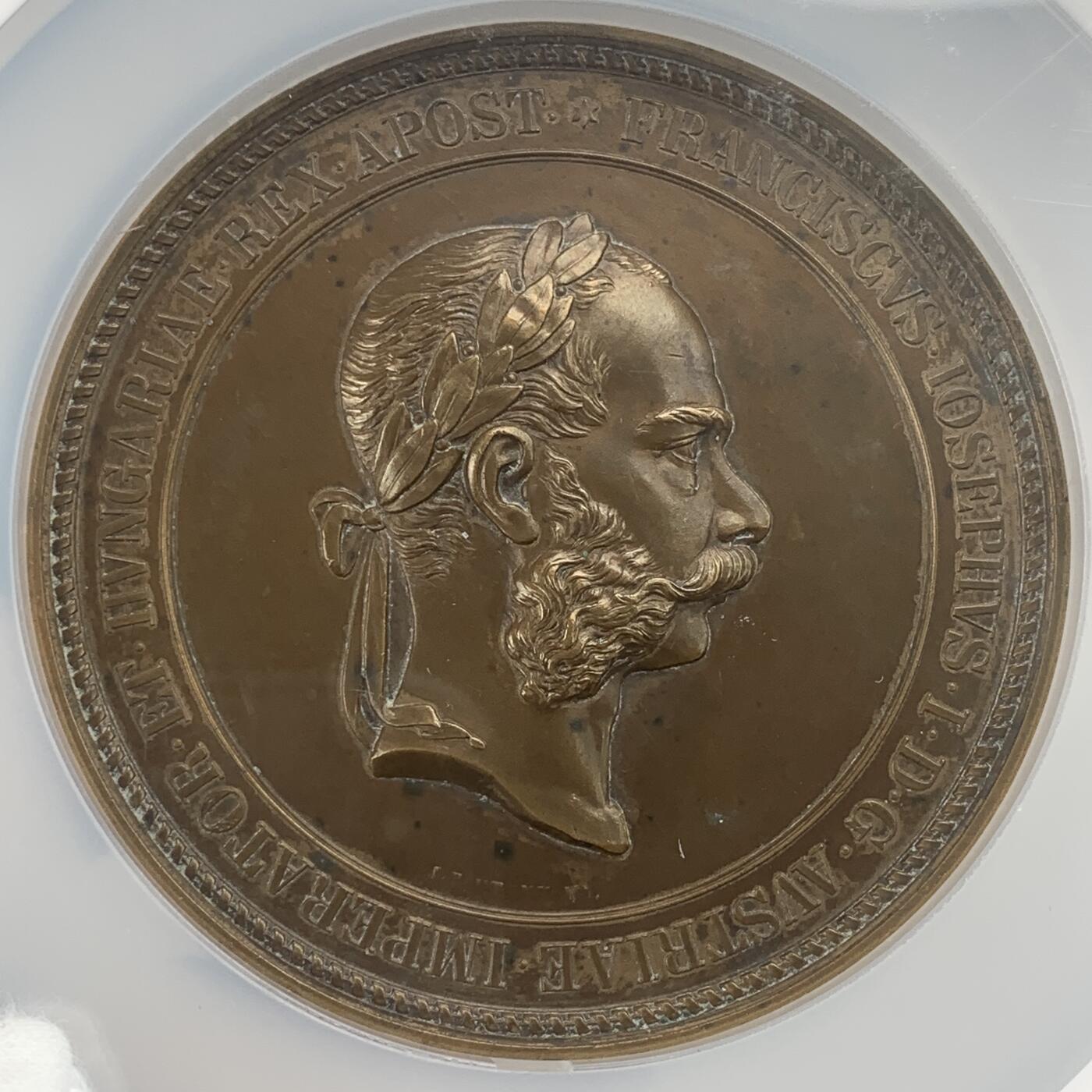 掌中浮雕-藏着的欧洲第042场 NGC MS62 : 1869年弗朗茨约瑟夫一世造访耶路撒冷纪念铜章 ,72mm , 章牌大师 J. Tautenhayn  作品