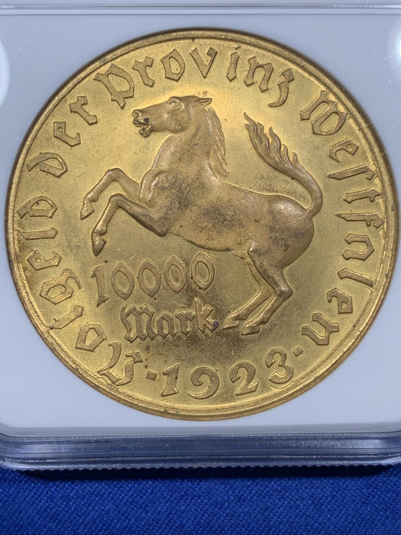 《竞宝斋》第438场 周日，周一，周二 3场连拍 （全场包邮） NGC MS64 德国1923年德紧威斯特法伦马币10000马克镀金铜币