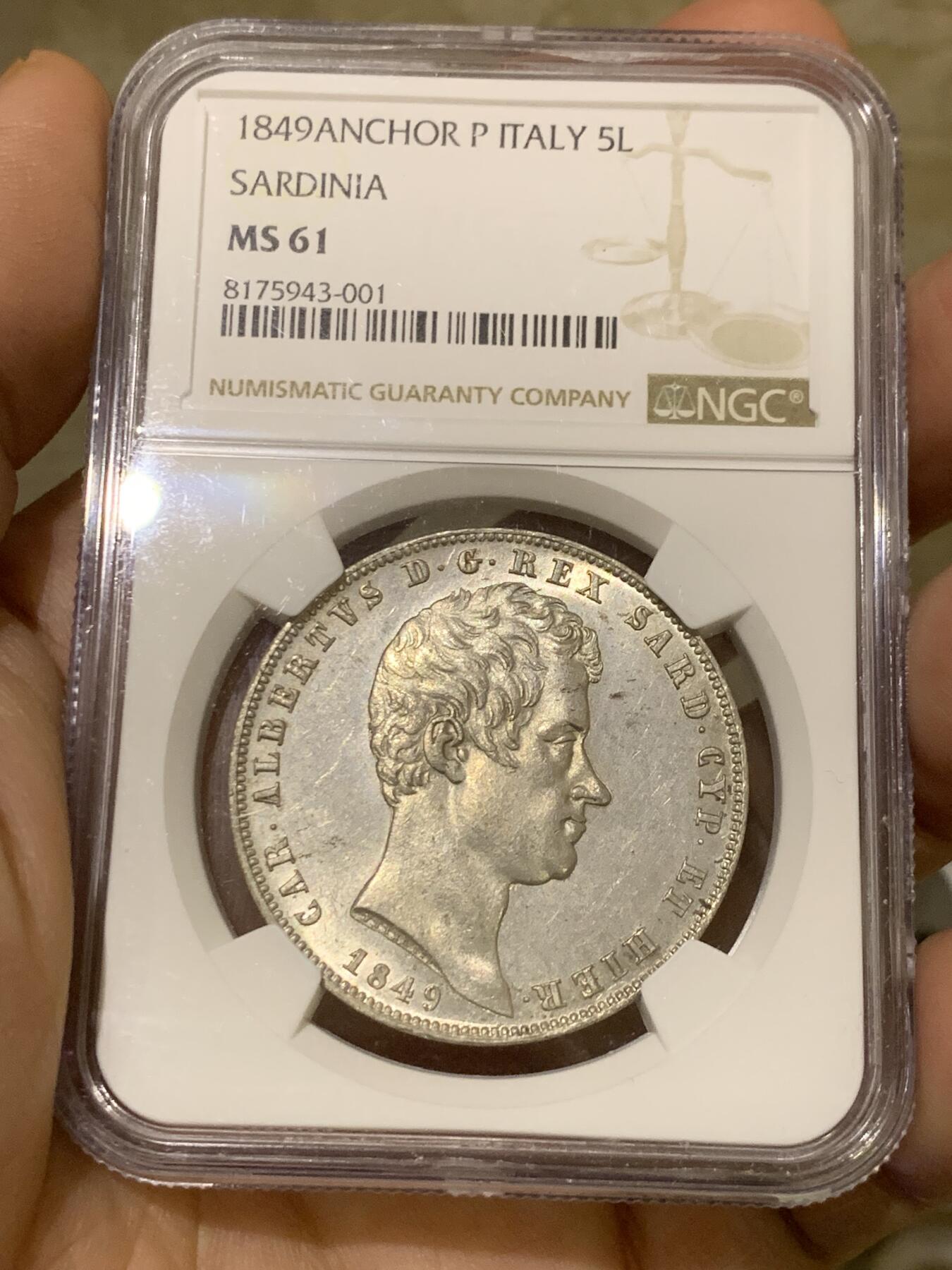 《竞宝斋》第438场 周日，周一，周二 3场连拍 （全场包邮） NGC MS61 意大利撒丁 1849年 卡洛·阿尔贝托 5里拉银币 稀有品种 意邦核心 FDC状态近两年参考落锤价格2500美元以上