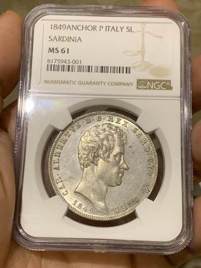 《竞宝斋》第438场 周日，周一，周二 3场连拍 （全场包邮） NGC MS61 意大利撒丁 1849年 卡洛·阿尔贝托 5里拉银币 稀有品种 意邦核心 FDC状态近两年参考落锤价格2500美元以上