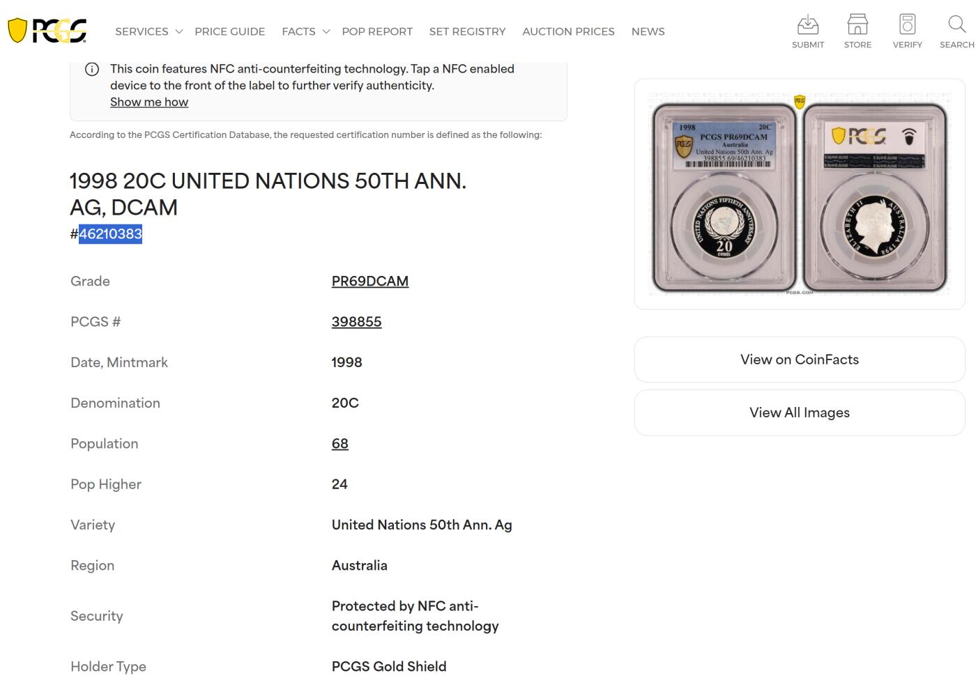 PThappally收藏第54次拍卖，英联邦地区硬币纸币 澳大利亚 1998 20分 13.36 g 银币 PCGS PR69DCAM