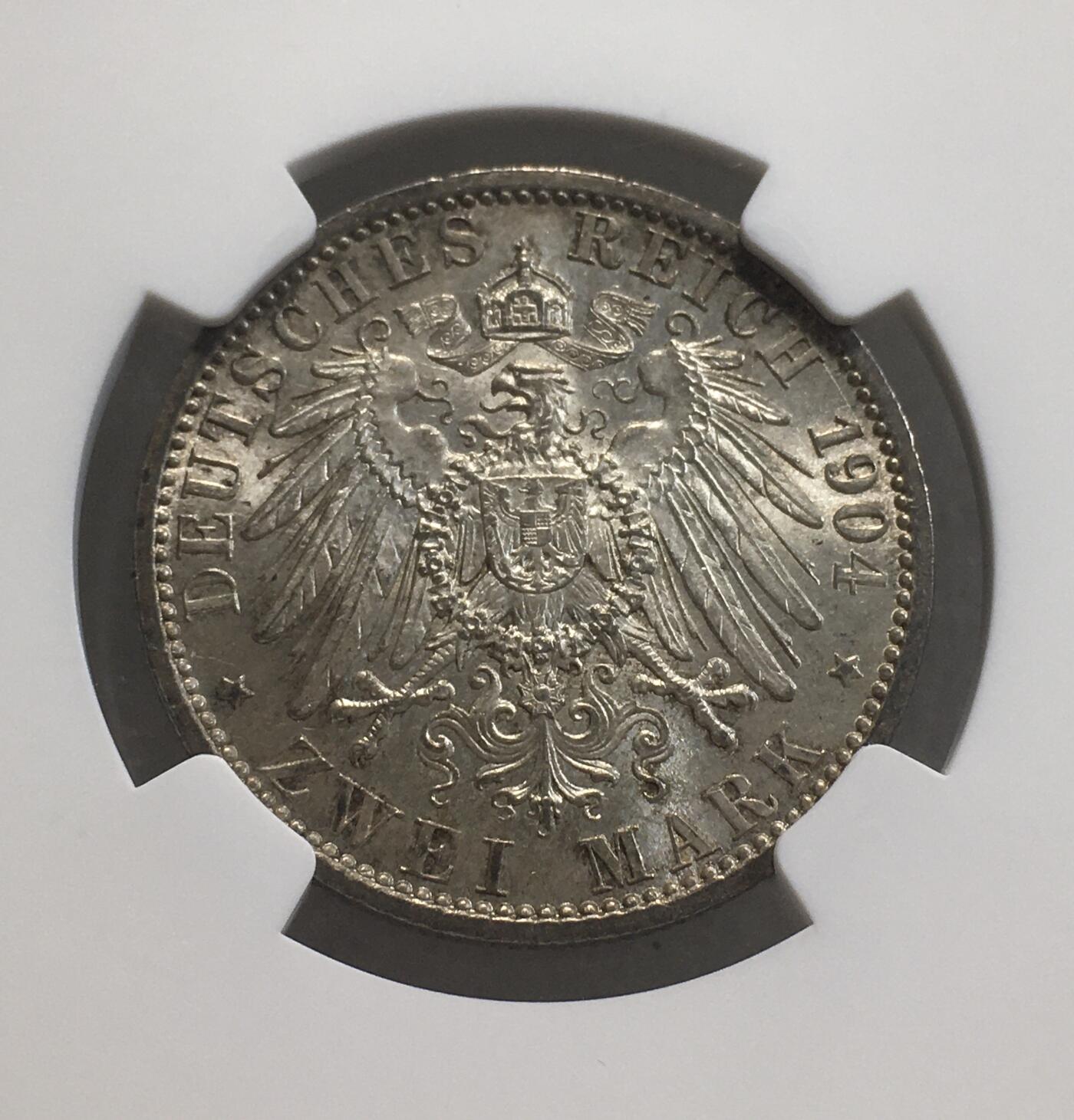 世界钱币专场拍卖 每周二开拍 NGCMS61德国1904年梅克伦堡-什未林结婚2马克银币