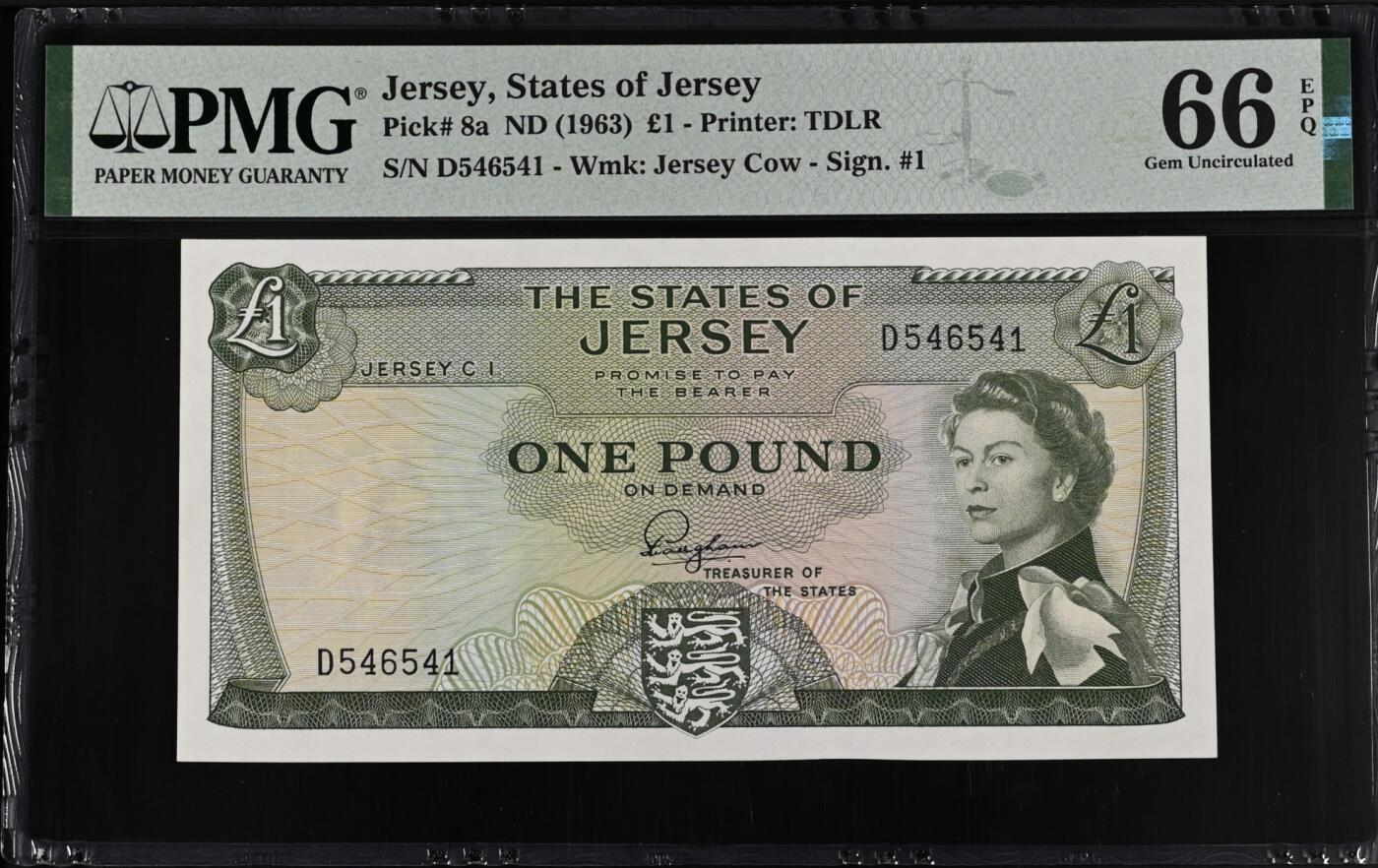 【礼羽收藏】🌏世界钱币拍卖第112期 【戎装女王】泽西岛1963年1镑 PMG66 	 奥格尔山城堡 稀少a版a签，大多为b版