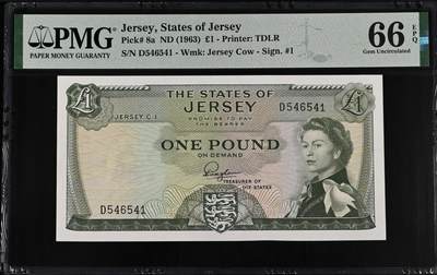 【礼羽收藏】🌏世界钱币拍卖第112期 - 【戎装女王】泽西岛1963年1镑 PMG66 	 奥格尔山城堡 稀少a版a签，大多为b版