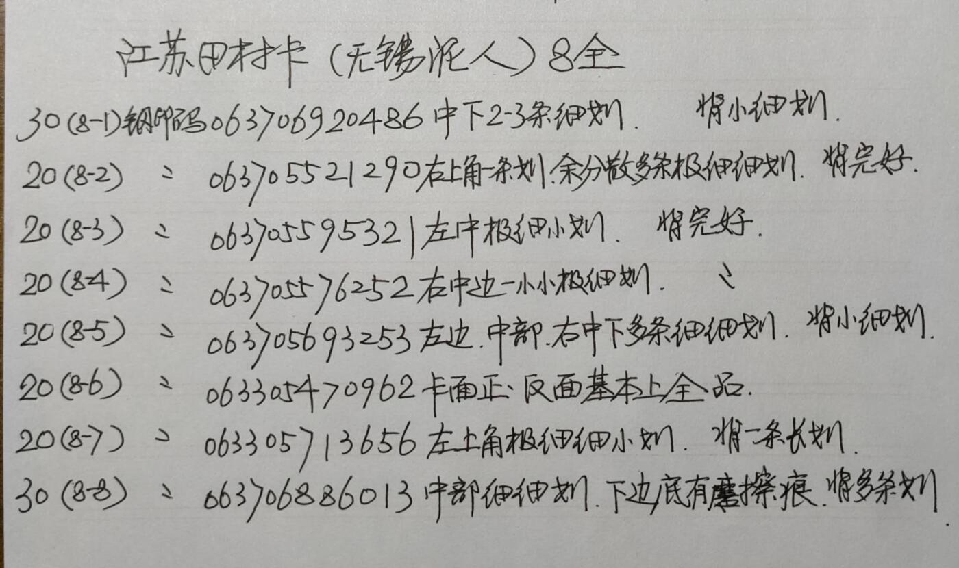 公藏第58期裸卡拍卖 江苏田村卡【无锡泥人】8全品相钢印码见描述。
