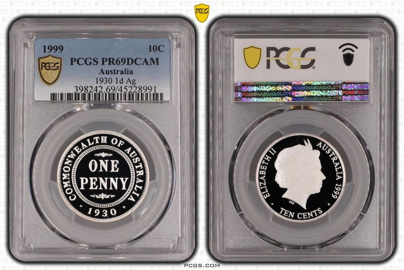 PThappally收藏第54次拍卖，英联邦地区硬币纸币 澳大利亚 1999 10分 8.36 g 银币 PCGS PR69DCAM