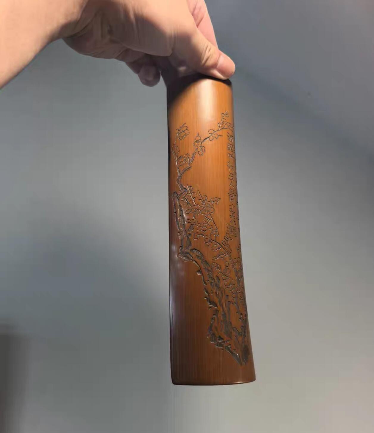 兰馨堂古玩杂项专场 老竹雕书卷式臂搁诗文梅花臂搁镇纸摆件 