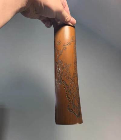 老竹雕书卷式臂搁诗文梅花臂搁镇纸摆件 