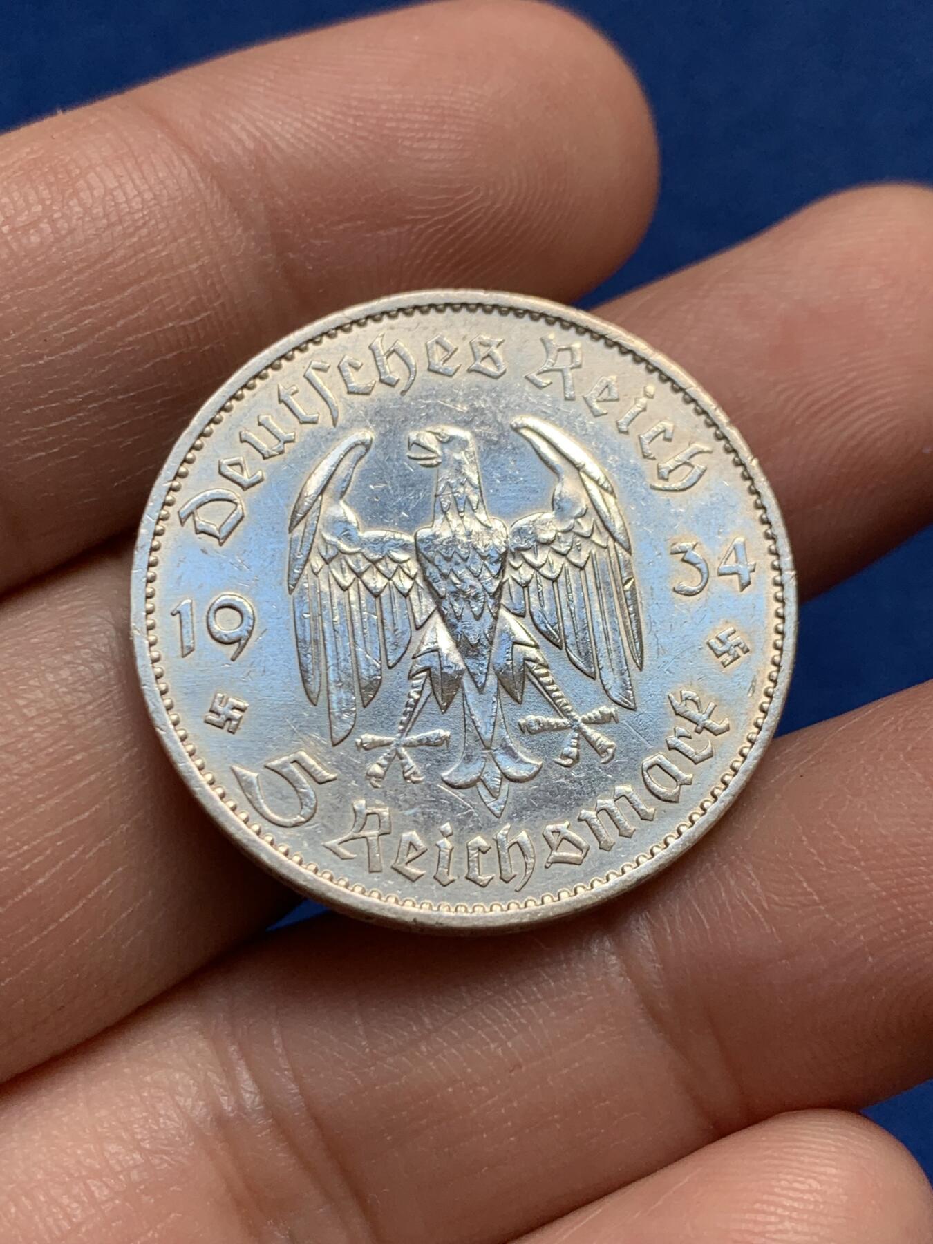 《竞宝斋》第438场 周日，周一，周二 3场连拍 （全场包邮） 德国 1934年 教堂鹰 5马克银币