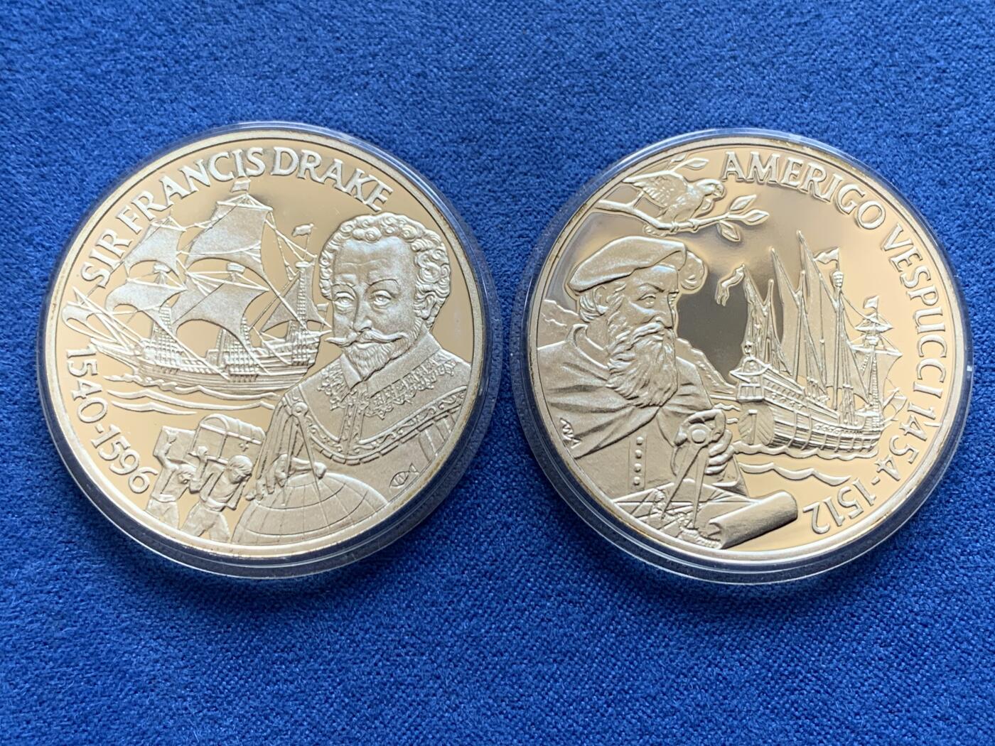 《竞宝斋》第438场 周日，周一，周二 3场连拍 （全场包邮） 两枚一组 葡萄牙航海纪念银章-航海家弗朗西斯·德雷克和亚美利哥·韦斯普奇（每枚约25克 925银）
