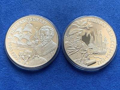 《竞宝斋》第438场 周日，周一，周二 3场连拍 （全场包邮） - 两枚一组 葡萄牙航海纪念银章-航海家弗朗西斯·德雷克和亚美利哥·韦斯普奇（每枚约25克 925银）