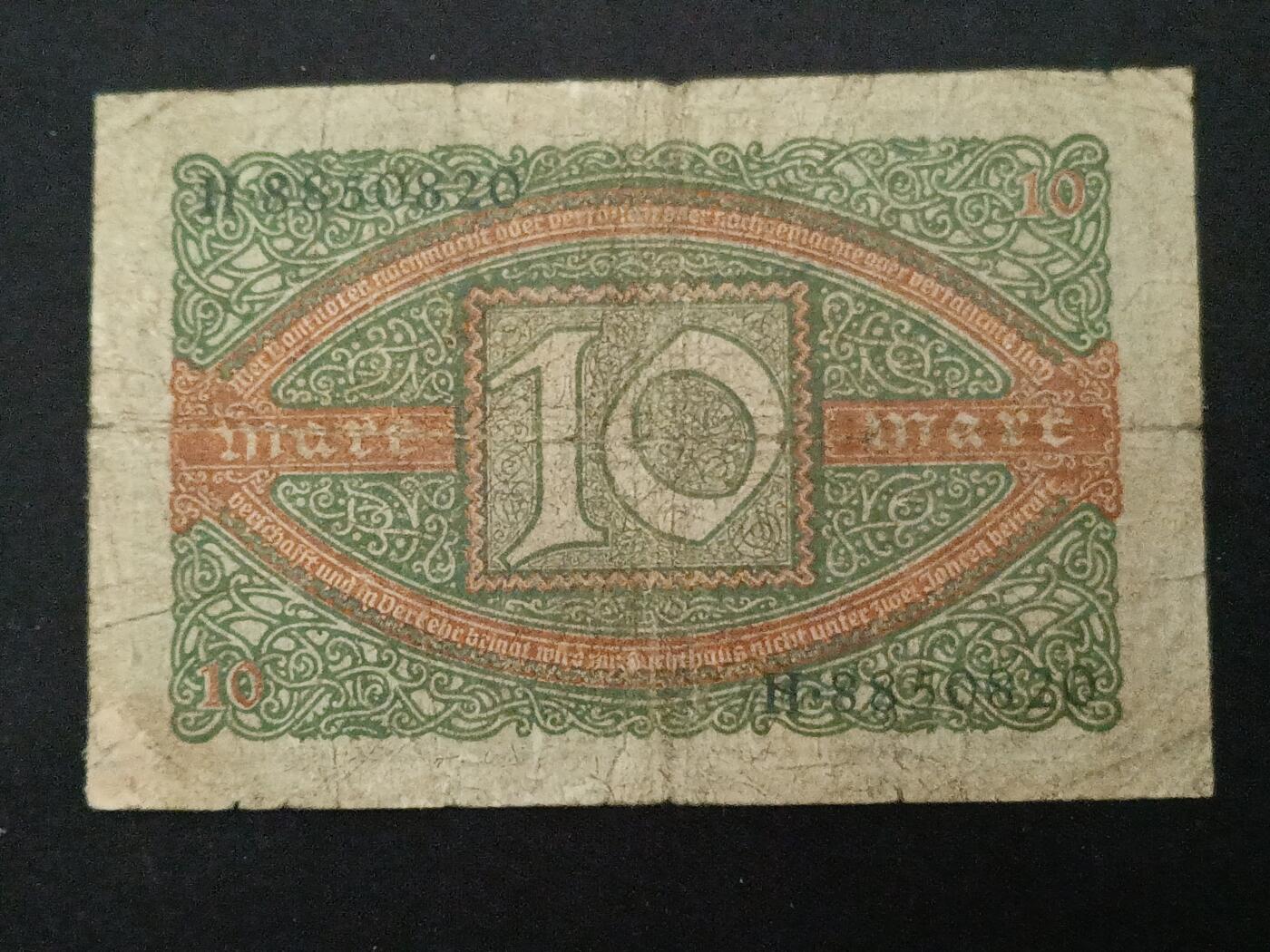 【游宝拍卖】乙巳蛇年87期 佣金1+6% 德国-10马克【1920年 战损品相】