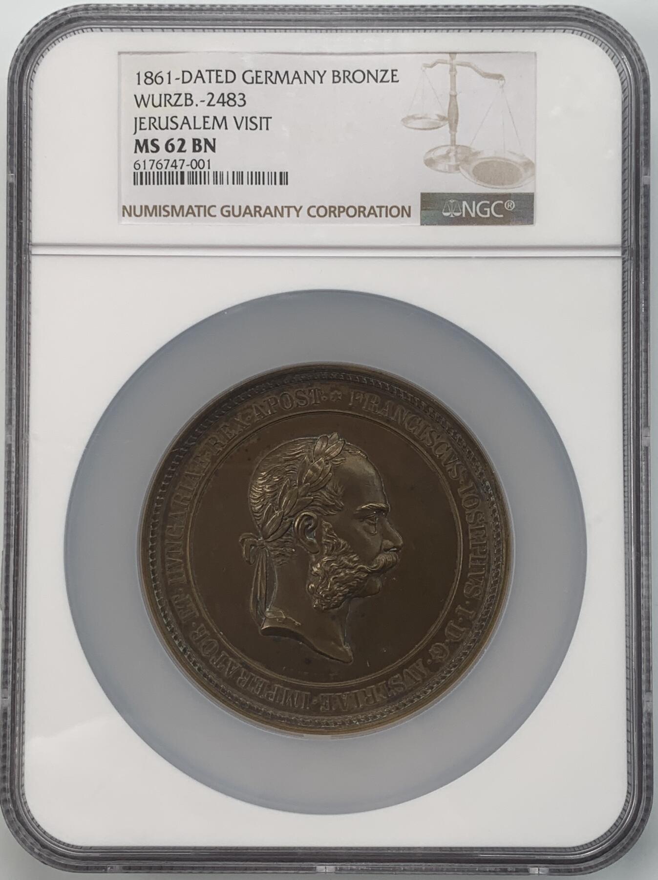 掌中浮雕-藏着的欧洲第042场 NGC MS62 : 1869年弗朗茨约瑟夫一世造访耶路撒冷纪念铜章 ,72mm , 章牌大师 J. Tautenhayn  作品