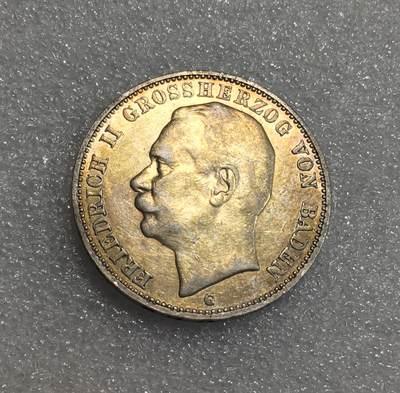 世界钱币专场拍卖 每周二开拍 - 1909年德国巴登弗里德里希二世3马克银币