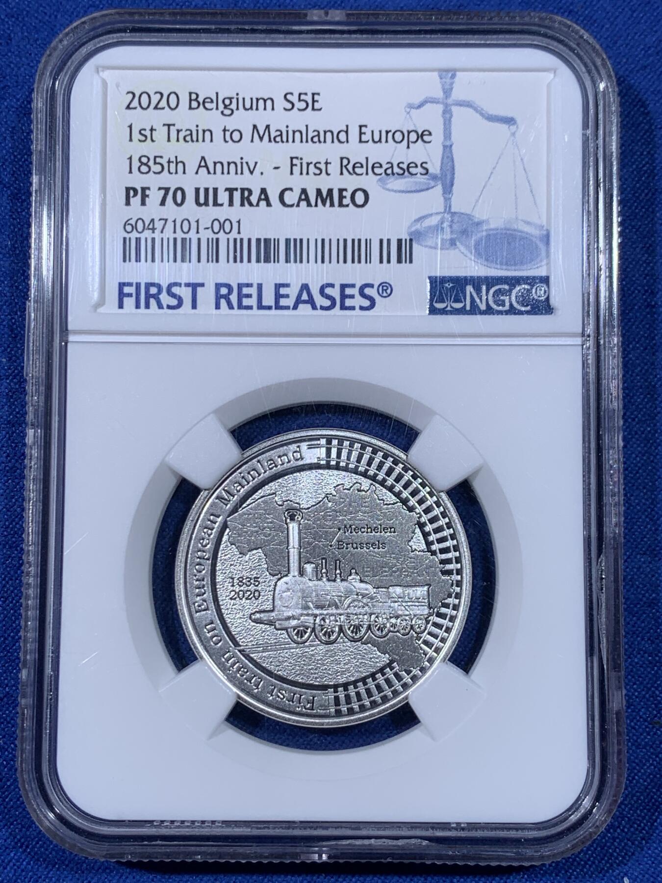 《竞宝斋》第438场 周日，周一，周二 3场连拍 （全场包邮） 首期 NGC PF70UC 比利时2020年欧洲大陆首列火车运行185周年5欧元精制银币（首次采用Multiview多维视图技术，在不同的角度，会看到三幅不同的画面效果。正面观看为火车本体，向右侧偏转会在空白处看到铁路运行图，向左侧偏转会看到三列始发火车名称及运行地点。）带盒证。