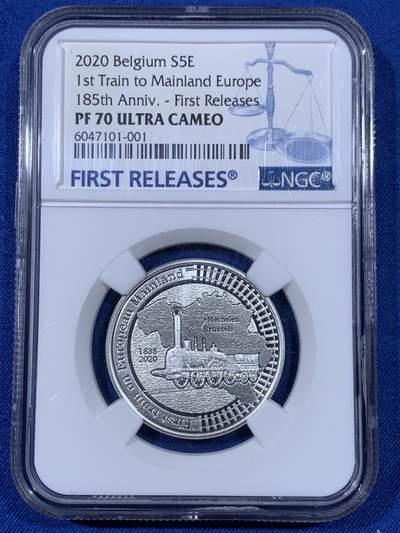 《竞宝斋》第438场 周日，周一，周二 3场连拍 （全场包邮） - 首期 NGC PF70UC 比利时2020年欧洲大陆首列火车运行185周年5欧元精制银币（首次采用Multiview多维视图技术，在不同的角度，会看到三幅不同的画面效果。正面观看为火车本体，向右侧偏转会在空白处看到铁路运行图，向左侧偏转会看到三列始发火车名称及运行地点。）带盒证。