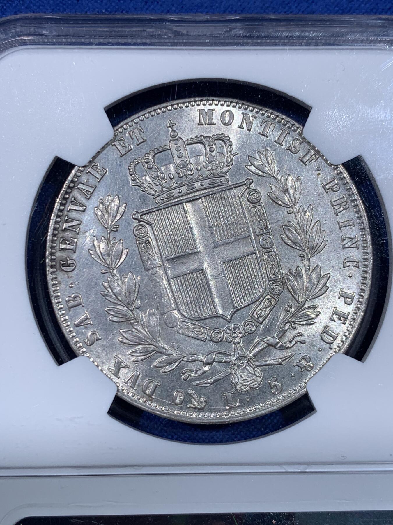 《竞宝斋》第438场 周日，周一，周二 3场连拍 （全场包邮） NGC MS61 意大利撒丁 1849年 卡洛·阿尔贝托 5里拉银币 稀有品种 意邦核心 FDC状态近两年参考落锤价格2500美元以上