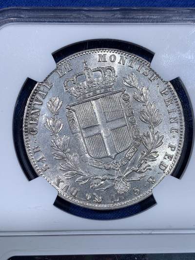 《竞宝斋》第438场 周日，周一，周二 3场连拍 （全场包邮） NGC MS61 意大利撒丁 1849年 卡洛·阿尔贝托 5里拉银币 稀有品种 意邦核心 FDC状态近两年参考落锤价格2500美元以上