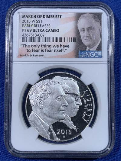 《竞宝斋》第438场 周日，周一，周二 3场连拍 （全场包邮） - NGC PF69UC 美国2015年1美元精制银币 美国婴儿健康协会 早期蓝标