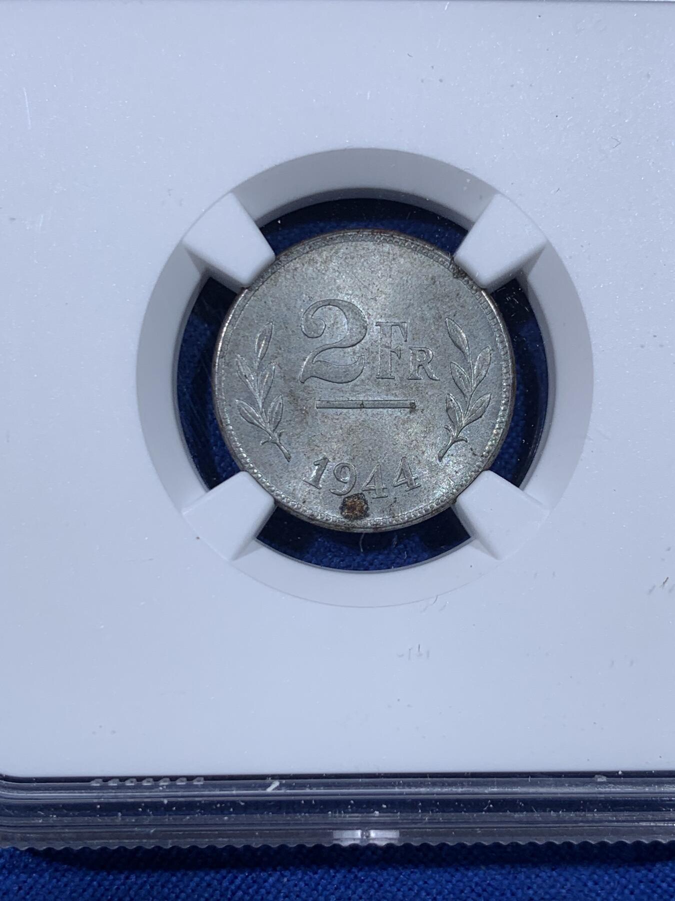 《竞宝斋》第438场 周日，周一，周二 3场连拍 （全场包邮） NGC MS62 比利时 1944年 2法郎 锌币 二战小面值易氧化金属 好品存世有限