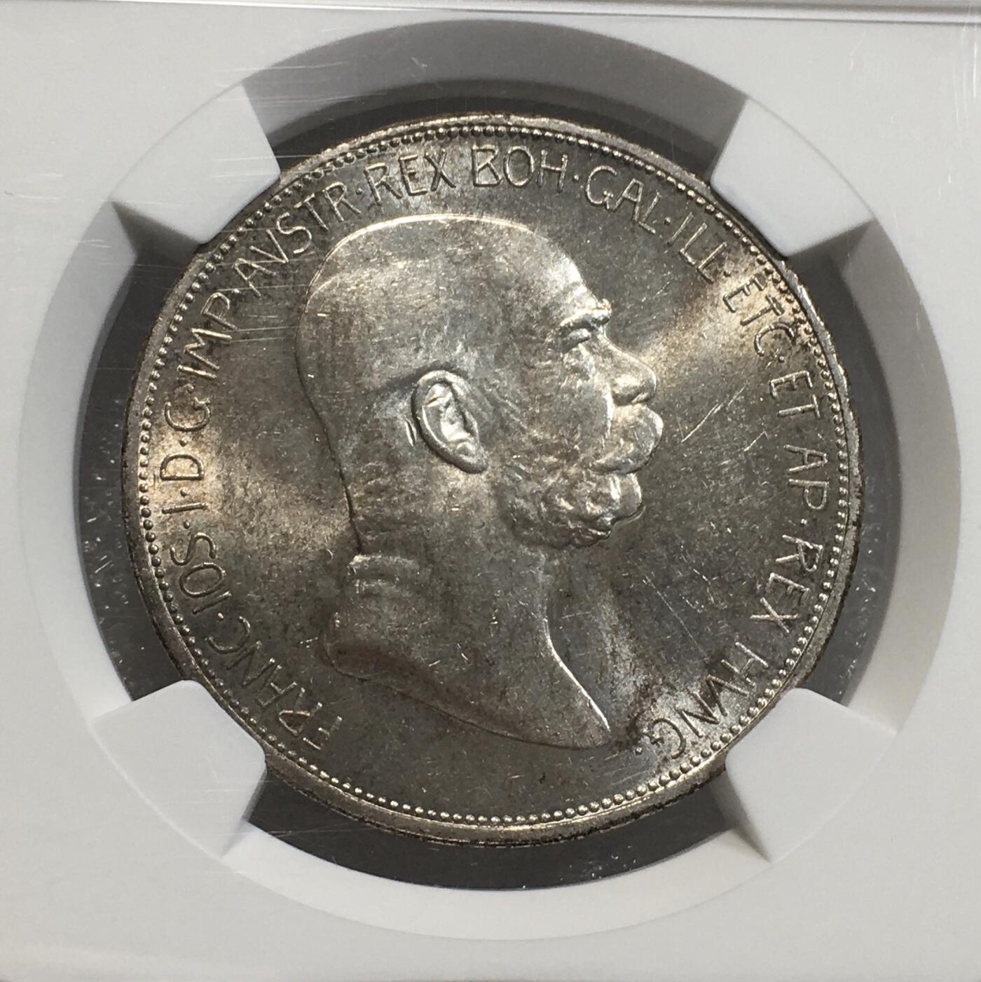 世界钱币专场拍卖 每周二开拍 NGCMS62奥地利1908年弗朗茨约瑟夫登基60周年5克朗银币