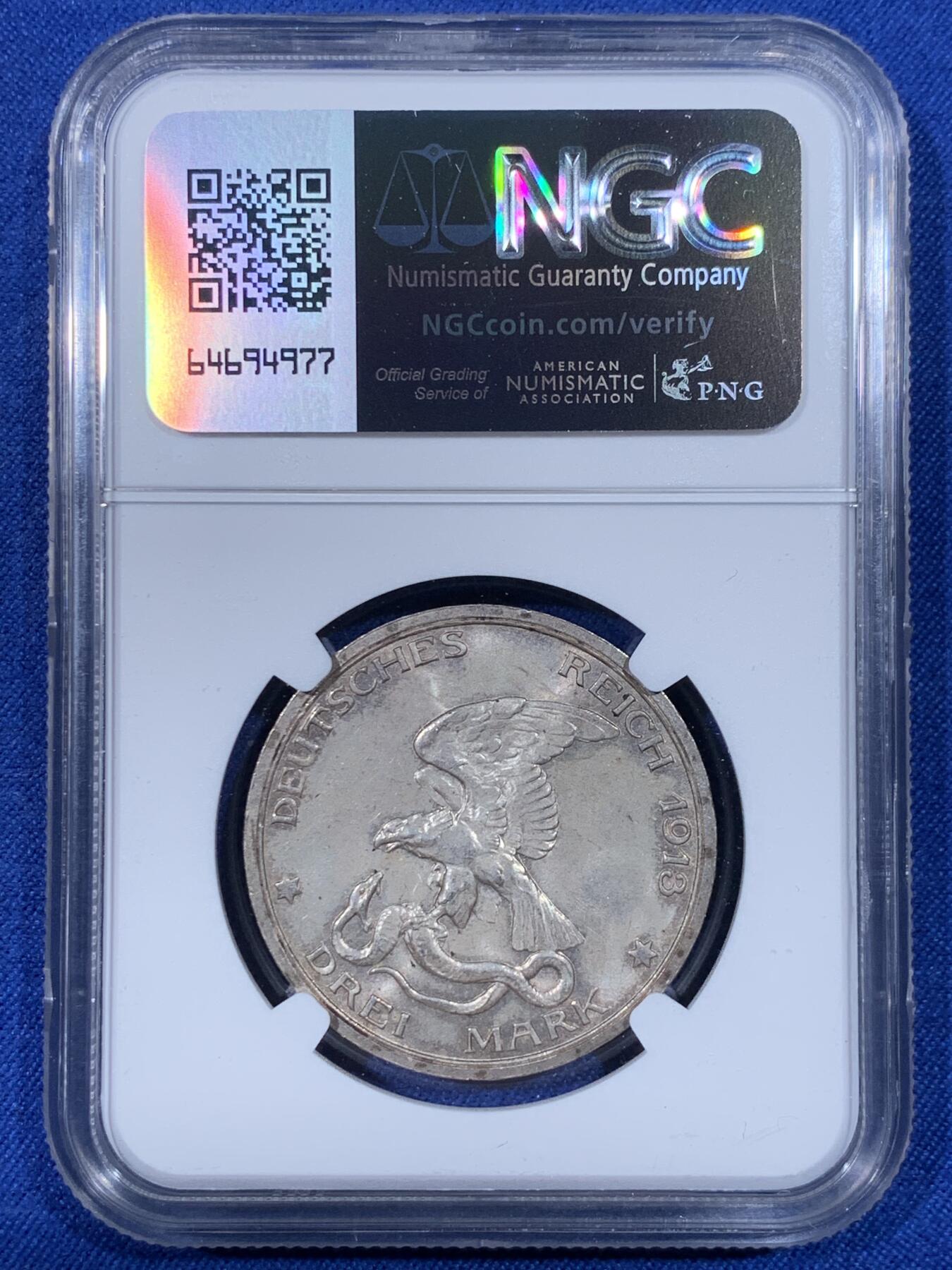 《竞宝斋》第438场 周日，周一，周二 3场连拍 （全场包邮） NGC MS63 德国1913年普鲁士战胜拿破仑纪念3马克银币