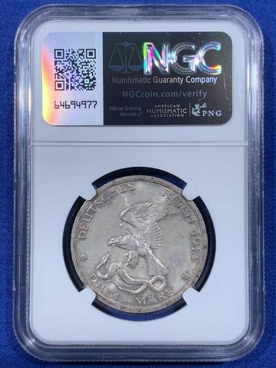 《竞宝斋》第438场 周日，周一，周二 3场连拍 （全场包邮） NGC MS63 德国1913年普鲁士战胜拿破仑纪念3马克银币