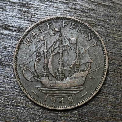 【铜匠收藏】★第132场★散币场，无佣金，30包邮。不满30元，支付5元运费。《接受代拍 代送NGC评级》 - 英国 半便士 1948年 铜币 乔冶六世帆船