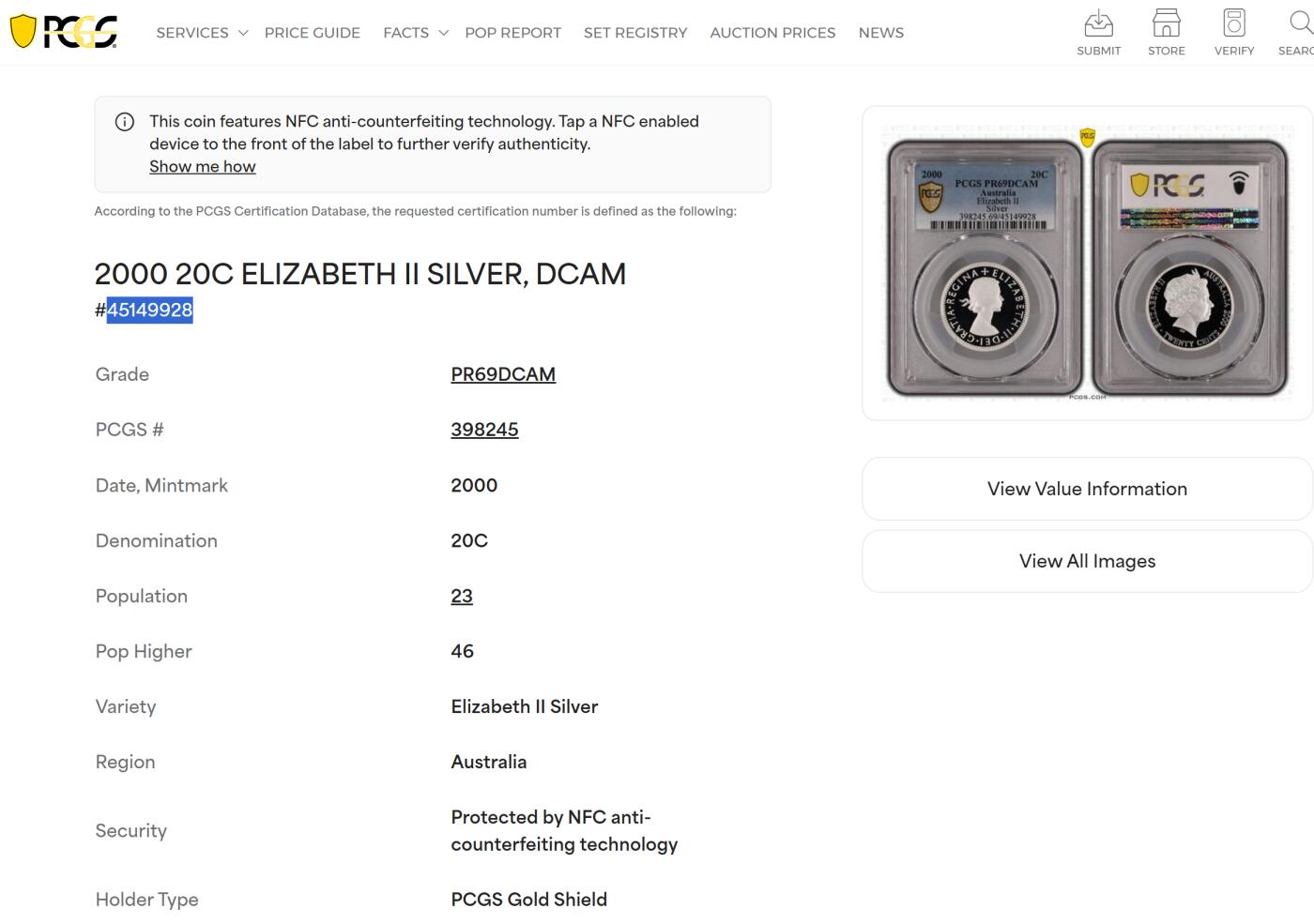 PThappally收藏第54次拍卖，英联邦地区硬币纸币 澳大利亚 2000 20分 13.36g 银币 PCGS PR69DCAM