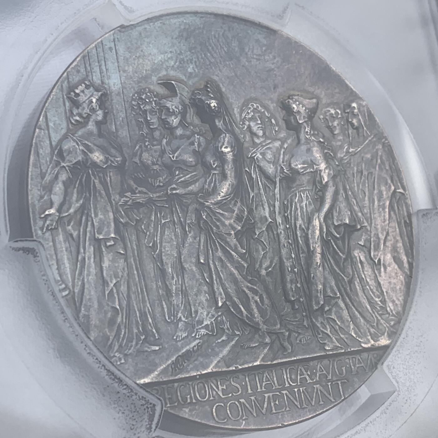 掌中浮雕-藏着的欧洲第042场 PCGS SP58: 1898年意大利第三届都灵射击节银章，60.5mm ,稀少品种