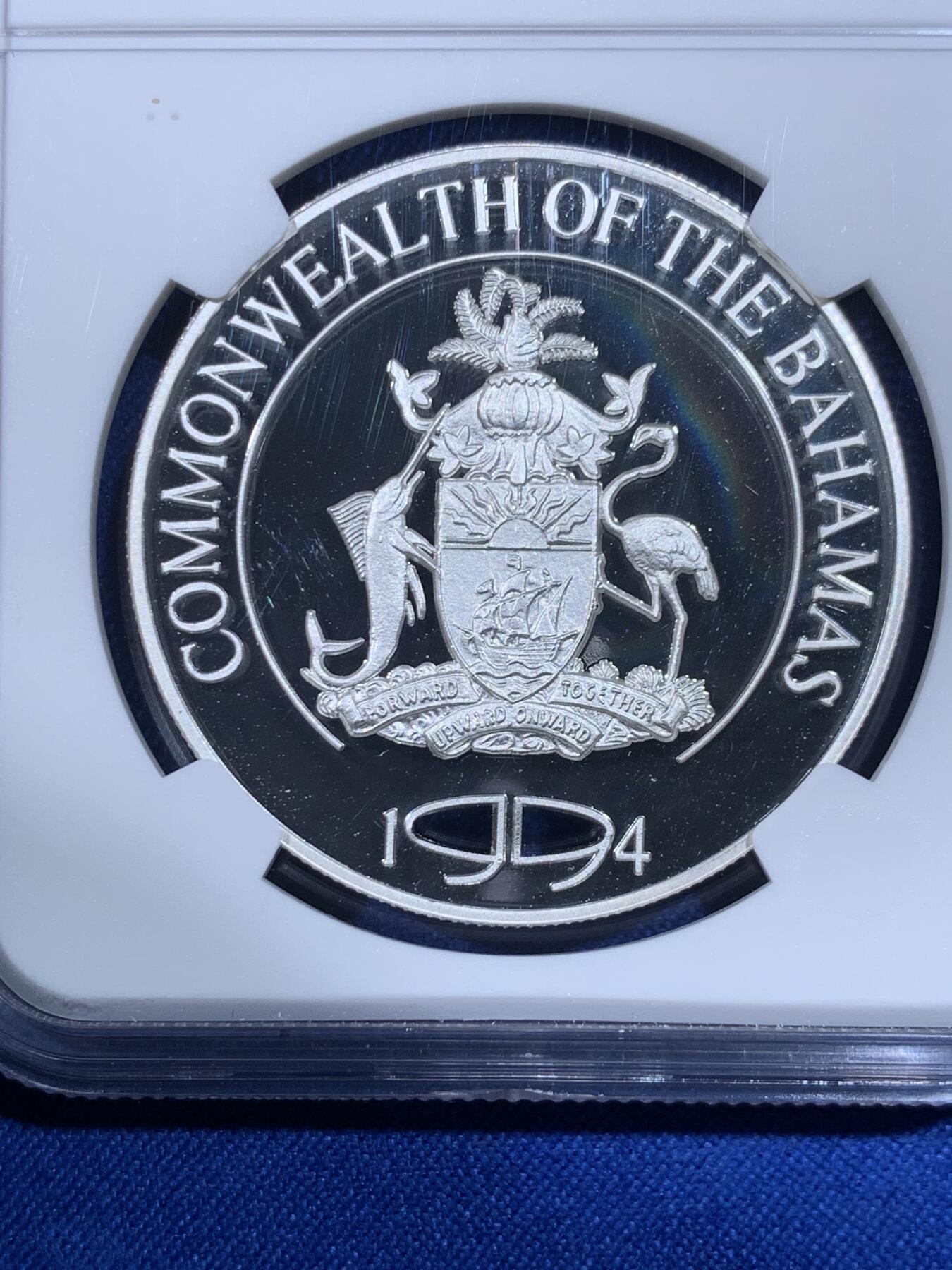 《竞宝斋》第438场 周日，周一，周二 3场连拍 （全场包邮） NGC PF68UC 巴哈马1994年一杆进洞5元精制纪念银币（克劳斯获奖币之1996年世界硬币大赛最佳创意币，1盎司克重，925银，38.61MM币径，发行量5万枚）