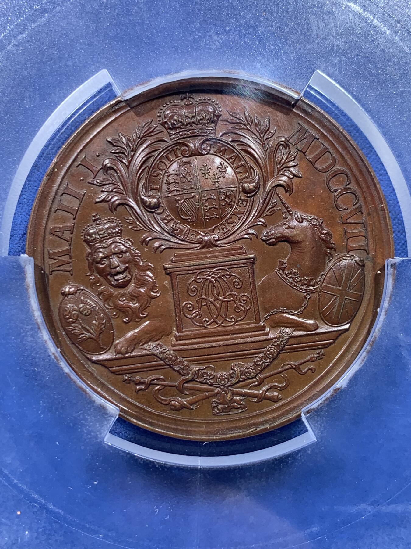 《竞宝斋》第438场 周日，周一，周二 3场连拍 （全场包邮） PCGS SP63 1707年苏格兰与英格兰联合铜章，John Croker雕刻，PCGS大盒封装。