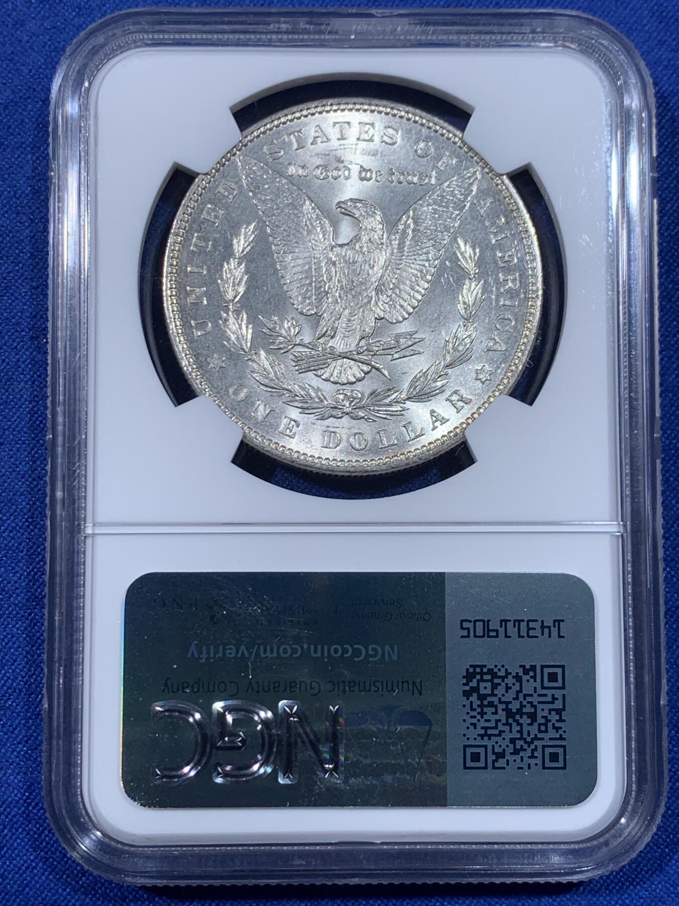 《竞宝斋》第438场 周日，周一，周二 3场连拍 （全场包邮） NGC MS63 美国1887年摩根银币 趣味包浆彩，有一定把玩性，比较特殊。