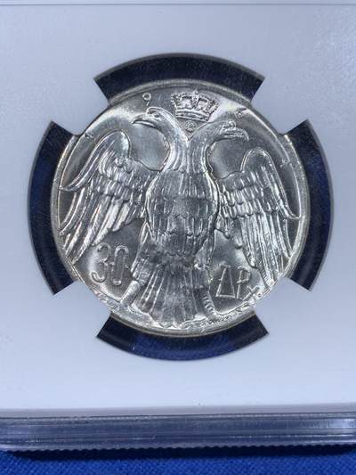 《竞宝斋》第438场 周日，周一，周二 3场连拍 （全场包邮） NGC MS65 希腊1964年康斯坦丁二世皇室婚礼30德拉马克银币，银光闪闪，转光强烈细节优秀，状态极佳。